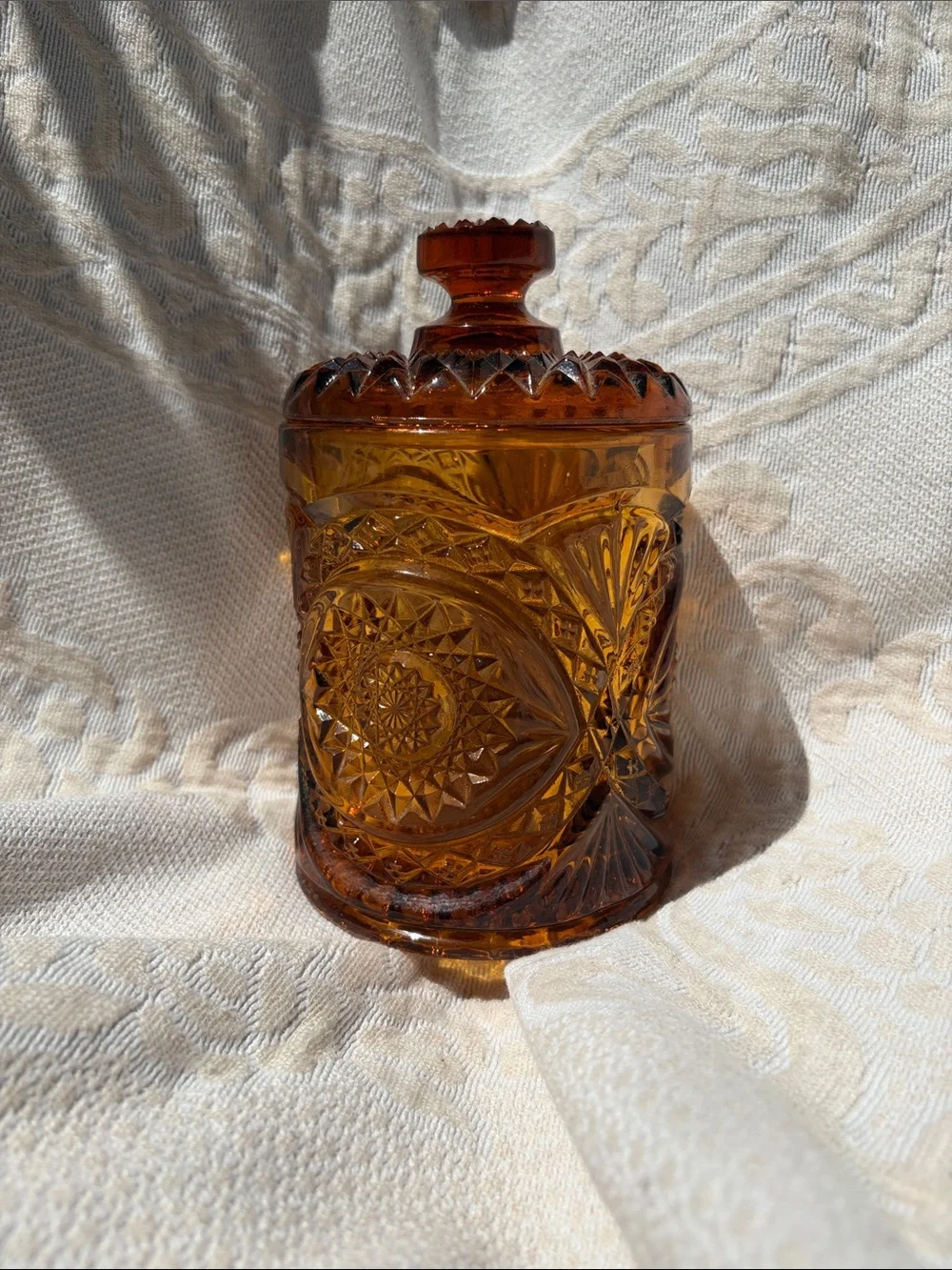 Vintage Amber Cut Glass Covered Jar - Vintage